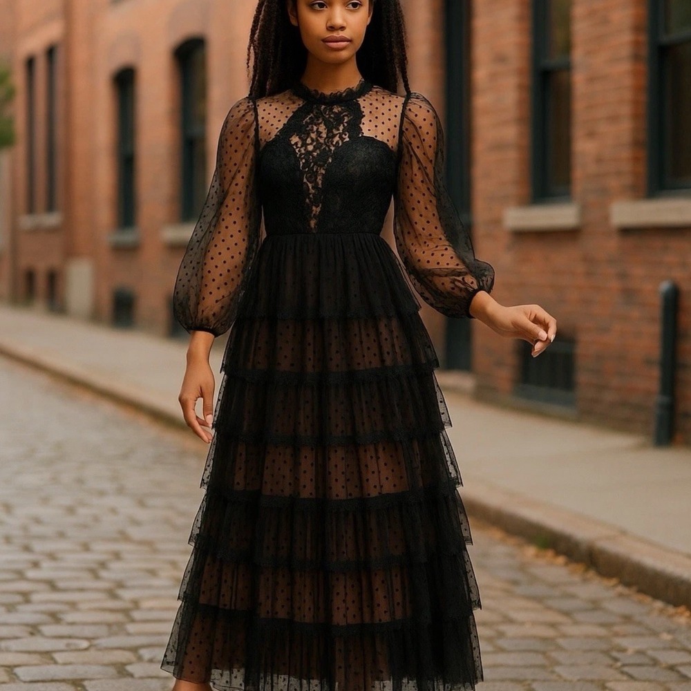Giffniseti Black Lace Polka Dot Mesh Tiered Maxi Dress Evening Gown NWT